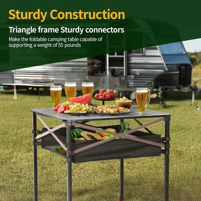 Alt view image 4 of 7 - Aluminum Square Side Table, Adjustable Height Folding Compact Camping Table, Lightweight Collapsible Table with Roll-up Tabletop, Carry Bag, for Outdoor, Picnic, backyards, BBQ (16'' Small)