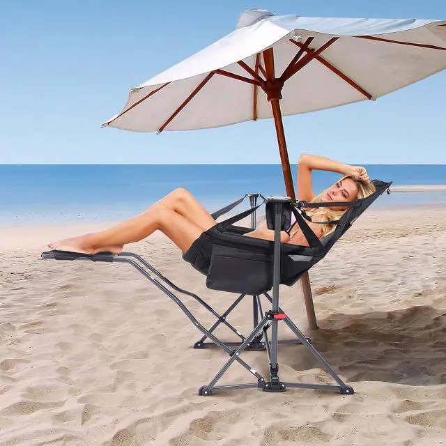 Alt view image 2 of 7 - Hammock Camping Chair with Footrest, Swinging Camping Chair Rocker, High Back Chairs with Stand, Cup Holder, Side Pocket, Heavy Duty (1 Pack, Black)