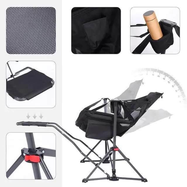 Alt view image 4 of 7 - Hammock Camping Chair with Footrest, Swinging Camping Chair Rocker, High Back Chairs with Stand, Cup Holder, Side Pocket, Heavy Duty (1 Pack, Black)