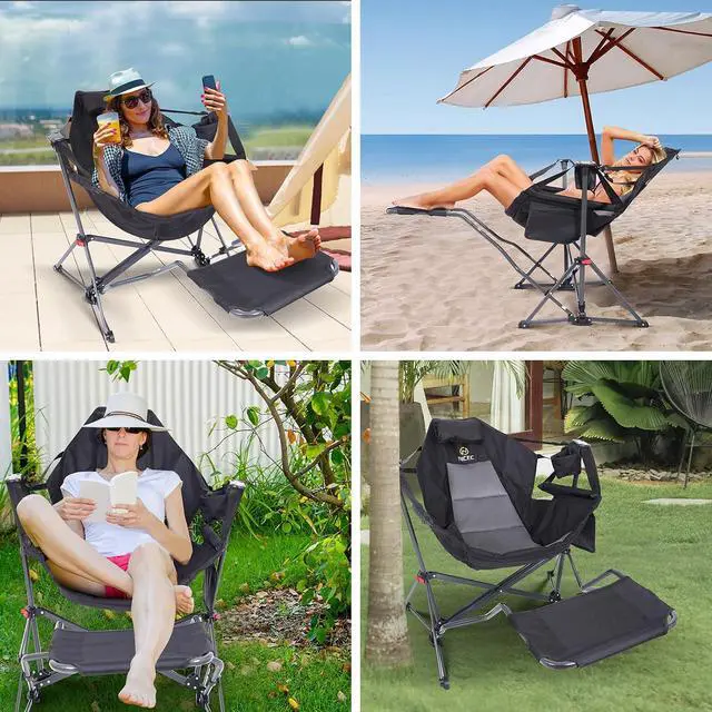 Alt view image 5 of 7 - Hammock Camping Chair with Footrest, Swinging Camping Chair Rocker, High Back Chairs with Stand, Cup Holder, Side Pocket, Heavy Duty (1 Pack, Black)