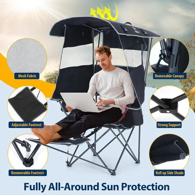 Alt view image 5 of 7 - Beach Wagon, Heavy Duty Folding Cart with 9" Balloon Wheels, Adjustable Handle, Collapsible Beach Cart + Chair with Canopy, Heated Camping Chair with Battery, Shade