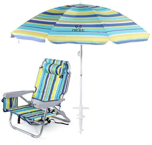 Main image of Beach Chair with Umbrella, Backpack Stripe Beach Chair for Adults, Sand Chair, High Back Lake Chairs, Sillas De Playa with Cooler, Cup Holder & Heavy Duty (Set of 1)