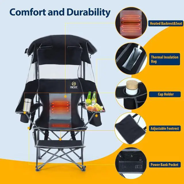Alt view image 6 of 7 - Chair with Canopy, Heated Camping Chair with Battery, Outdoor Sports Chairs with Shade, Heated Folding Umbrella Lawn Chairs, with Removable Footrest (1-Pack)