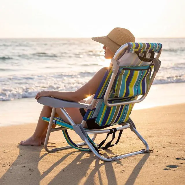 Alt view image 2 of 7 - Beach Chair with Umbrella, Backpack Stripe Beach Chair for Adults, Sand Chair, High Back Lake Chairs, Sillas De Playa with Cooler, Cup Holder & Heavy Duty (Set of 1)