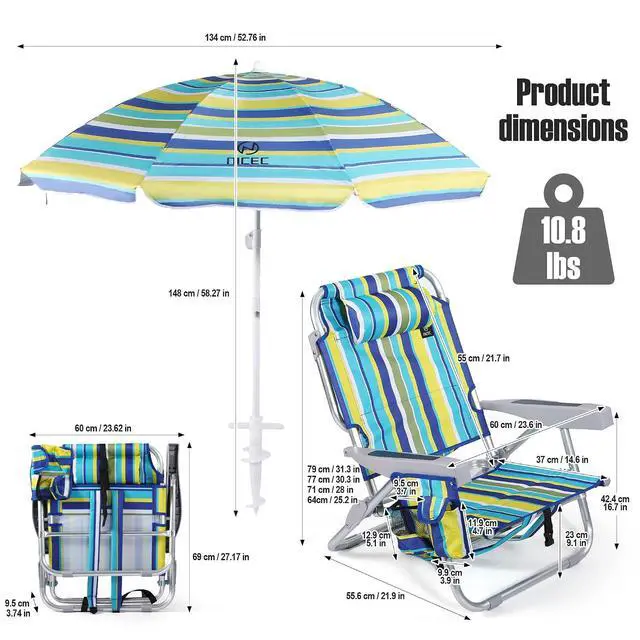 Alt view image 3 of 7 - Beach Chair with Umbrella, Backpack Stripe Beach Chair for Adults, Sand Chair, High Back Lake Chairs, Sillas De Playa with Cooler, Cup Holder & Heavy Duty (Set of 1)