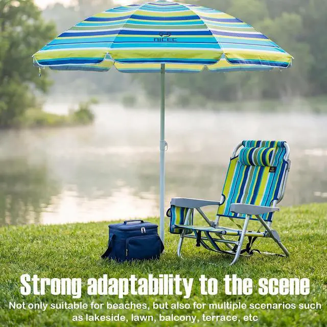 Alt view image 5 of 7 - Beach Chair with Umbrella, Backpack Stripe Beach Chair for Adults, Sand Chair, High Back Lake Chairs, Sillas De Playa with Cooler, Cup Holder & Heavy Duty (Set of 1)