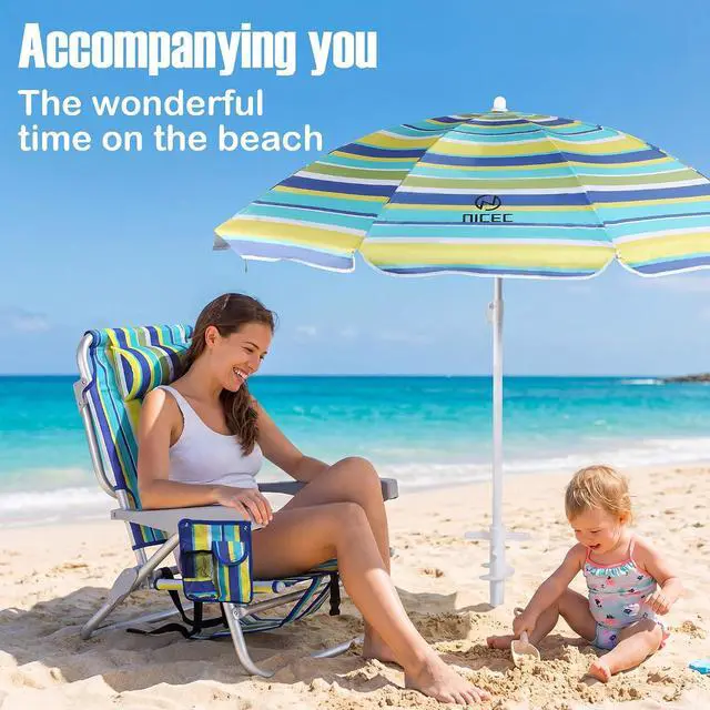 Alt view image 4 of 7 - Beach Chair with Umbrella, Backpack Stripe Beach Chair for Adults, Sand Chair, High Back Lake Chairs, Sillas De Playa with Cooler, Cup Holder & Heavy Duty (Set of 1)