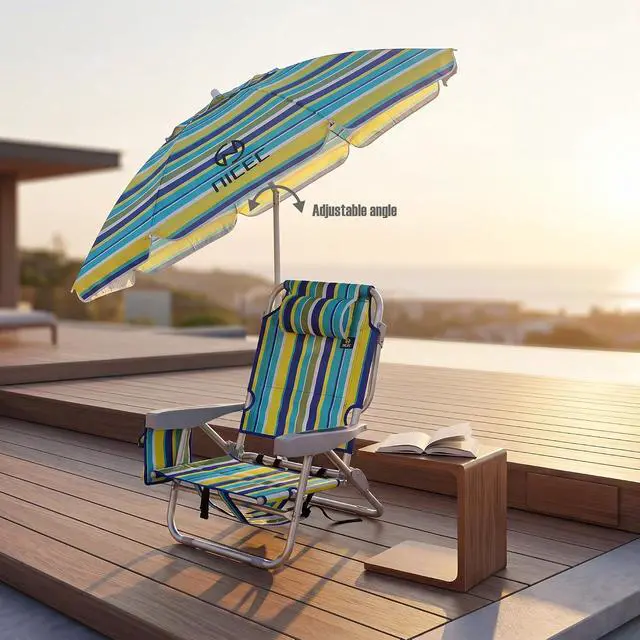 Alt view image 7 of 7 - Beach Chair with Umbrella, Backpack Stripe Beach Chair for Adults, Sand Chair, High Back Lake Chairs, Sillas De Playa with Cooler, Cup Holder & Heavy Duty (Set of 1)