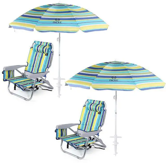 Main image of Chair Beach, Beach Chair with Umbrella for Adults, Stripe Backpack Beach Chair, Sand Chair with Cooler, High Back Lake Chair, Sillas De Playa, Cup Holder, Heavy Duty (Set of 2)