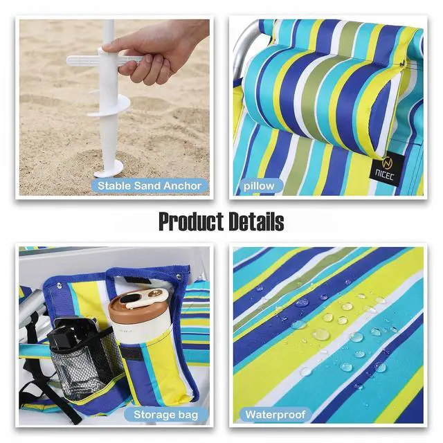 Alt view image 6 of 7 - Beach Chair with Umbrella, Backpack Stripe Beach Chair for Adults, Sand Chair, High Back Lake Chairs, Sillas De Playa with Cooler, Cup Holder & Heavy Duty (Set of 1)
