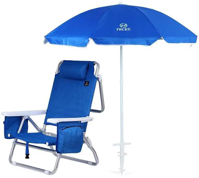 Main image of Blue Backpack Beach Chair with Cooler and Umbrella, 5 Position Reclining Beach Chair for Adults, with Cup Holder, Canopy Shade, Cooler Bag, for Outdoor, Camping, Travel, Picnic (1 Pack)
