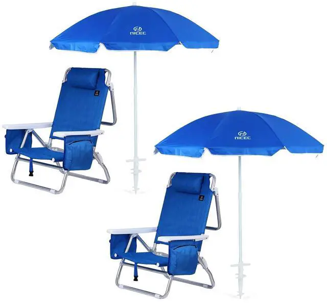 Main image of Blue Backpack Beach Chair with Cooler and Umbrella, 5 Position Reclining Beach Chair for Adults, with Cup Holder, Canopy Shade, Cooler Bag, for Outdoor, Camping, Travel, Picnic (2 Pack, Blue)