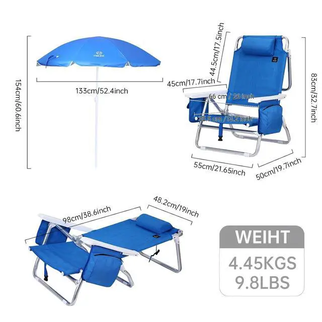 Alt view image 3 of 7 - Blue Backpack Beach Chair with Cooler and Umbrella, 5 Position Reclining Beach Chair for Adults, with Cup Holder, Canopy Shade, Cooler Bag, for Outdoor, Camping, Travel, Picnic (1 Pack)