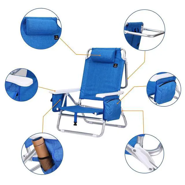 Alt view image 4 of 7 - Blue Backpack Beach Chair with Cooler and Umbrella, 5 Position Reclining Beach Chair for Adults, with Cup Holder, Canopy Shade, Cooler Bag, for Outdoor, Camping, Travel, Picnic (1 Pack)