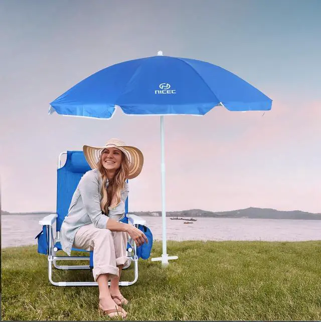 Alt view image 6 of 7 - Blue Backpack Beach Chair with Cooler and Umbrella, 5 Position Reclining Beach Chair for Adults, with Cup Holder, Canopy Shade, Cooler Bag, for Outdoor, Camping, Travel, Picnic (1 Pack)