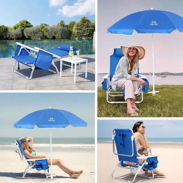 Alt view image 7 of 7 - Blue Backpack Beach Chair with Cooler and Umbrella, 5 Position Reclining Beach Chair for Adults, with Cup Holder, Canopy Shade, Cooler Bag, for Outdoor, Camping, Travel, Picnic (2 Pack, Blue)