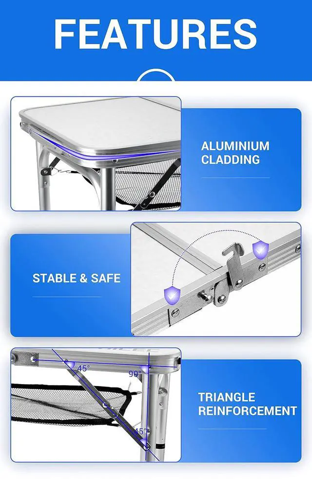 Alt view image 7 of 7 - Card Table, Folding Picnic Table, Small Table, Adjustable Height Folding Table, Camping, Outdoor, Portable Lightweight Aluminum, with Carry Handle for Beach, Indoor, Office (Medium)