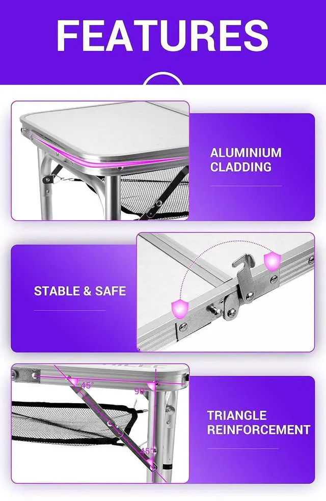 Alt view image 7 of 7 - Card Small Table, Adjustable Height Folding Table, Picnic, Camping, Outdoor, Portable Lightweight Aluminum, with Carry Handle for Beach, Indoor, Office (Large)