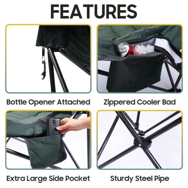 Alt view image 6 of 7 - Heated Camping Chairs with Battery, Outdoor Heated Sports Chair, Oversized XL Padded Camping Seats, Wide&Thick, Heavy Duty 400lb, Carry Bag, Cup Holder & Cooler (One Green)