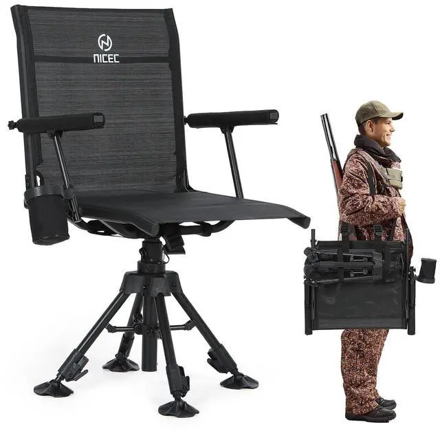 Main image of Swivel Hunting Chair, 360 Degree Rotating Silent Hunting Blind Chair, Foldable Deer Turkey Strutter Chairs, with Adjustable Height, Armrest, No-Sink Feet, Shoulder Strap, Cup Holder