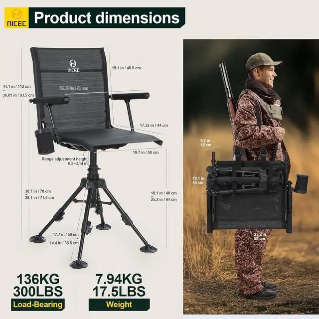 Alt view image 3 of 6 - Swivel Hunting Chair, 360 Degree Rotating Silent Hunting Blind Chair, Foldable Deer Turkey Strutter Chairs, with Adjustable Height, Armrest, No-Sink Feet, Shoulder Strap, Cup Holder