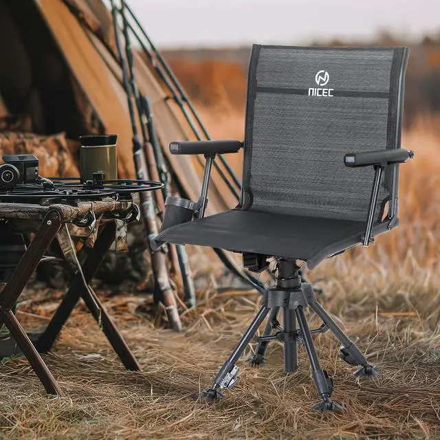 Alt view image 2 of 6 - Swivel Hunting Chair, 360 Degree Rotating Silent Hunting Blind Chair, Foldable Deer Turkey Strutter Chairs, with Adjustable Height, Armrest, No-Sink Feet, Shoulder Strap, Cup Holder