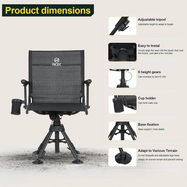 Alt view image 4 of 6 - Swivel Hunting Chair, 360 Degree Rotating Silent Hunting Blind Chair, Foldable Deer Turkey Strutter Chairs, with Adjustable Height, Armrest, No-Sink Feet, Shoulder Strap, Cup Holder