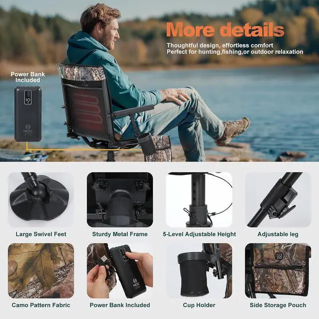 Alt view image 2 of 7 - Heated Swivel Hunting Blind Chair, 360 Silent Swivel Turkey Chair, Adjustable Height Ground Hunting Chair, Portable Strutter Chair for Hunting, Camping, Outdoor