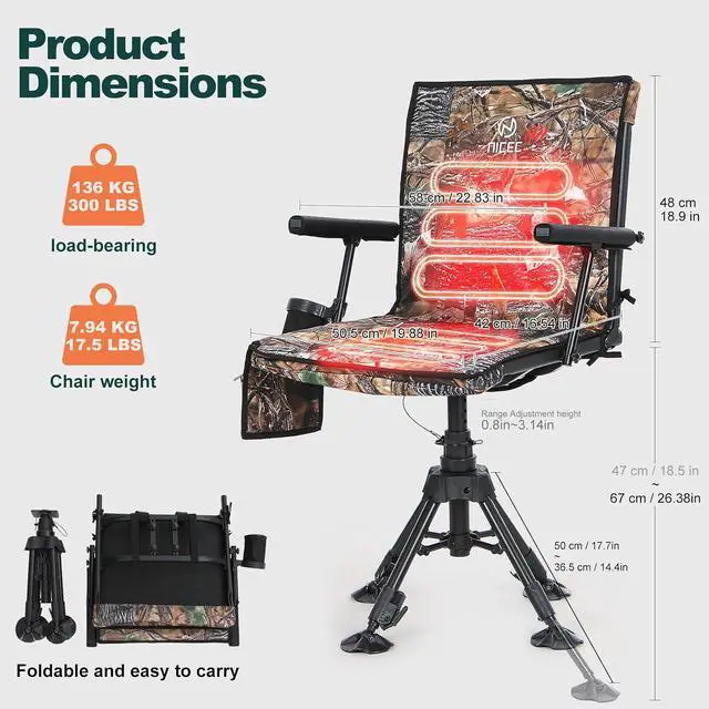 Alt view image 3 of 7 - Heated Swivel Hunting Blind Chair, 360 Silent Swivel Turkey Chair, Adjustable Height Ground Hunting Chair, Portable Strutter Chair for Hunting, Camping, Outdoor