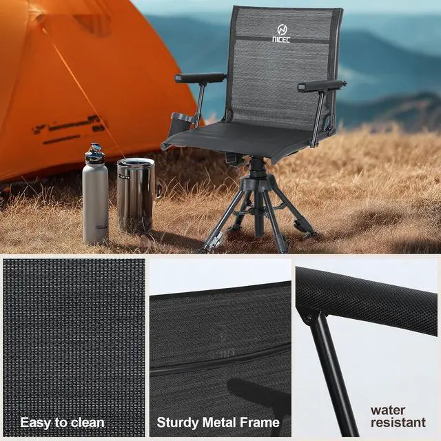 Alt view image 5 of 6 - Swivel Hunting Chair, 360 Degree Rotating Silent Hunting Blind Chair, Foldable Deer Turkey Strutter Chairs, with Adjustable Height, Armrest, No-Sink Feet, Shoulder Strap, Cup Holder