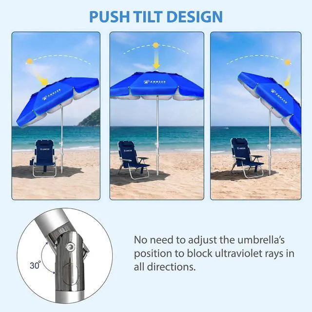 Alt view image 3 of 7 - 6ft Folded Portable Travel Beach Umbrella with Sand Anchor Tilt Air vent UPF 50+UV Protection Fit In Suitcase Compact Foldable Telescopic umbrellas for Patio Garden Beach Pool Blue