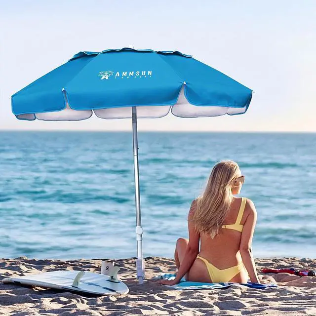 Alt view image 2 of 7 - 6ft Folded Portable Travel Beach Umbrella with Sand Anchor Tilt Air vent UPF 50+UV Protection Fit In Suitcase Compact Foldable Telescopic umbrellas for Patio Garden Beach Pool Sky Blue