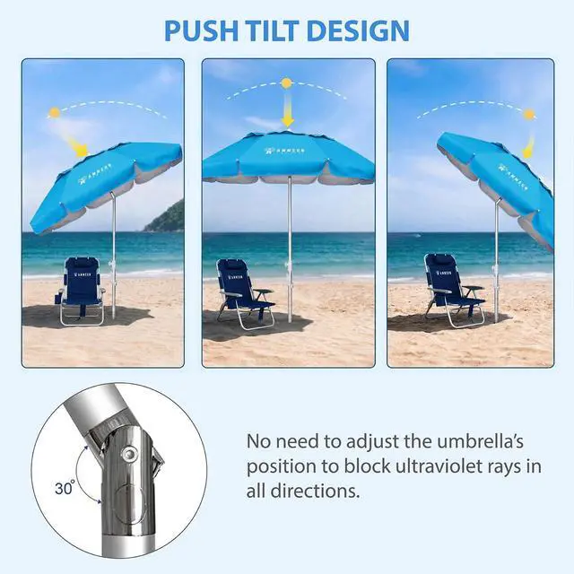 Alt view image 3 of 7 - 6ft Folded Portable Travel Beach Umbrella with Sand Anchor Tilt Air vent UPF 50+UV Protection Fit In Suitcase Compact Foldable Telescopic umbrellas for Patio Garden Beach Pool Sky Blue