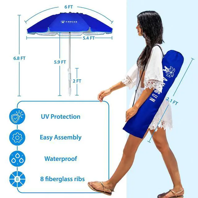Alt view image 6 of 7 - 6ft Folded Portable Travel Beach Umbrella with Sand Anchor Tilt Air vent UPF 50+UV Protection Fit In Suitcase Compact Foldable Telescopic umbrellas for Patio Garden Beach Pool Blue