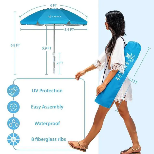 Alt view image 6 of 7 - 6ft Folded Portable Travel Beach Umbrella with Sand Anchor Tilt Air vent UPF 50+UV Protection Fit In Suitcase Compact Foldable Telescopic umbrellas for Patio Garden Beach Pool Sky Blue
