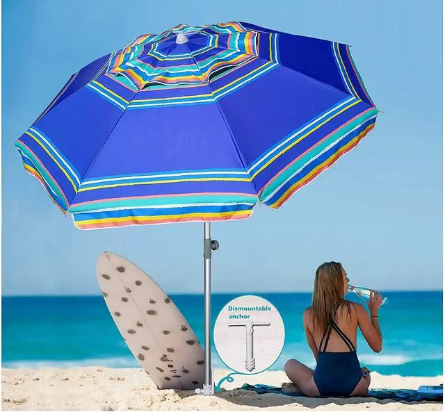 Alt view image 2 of 7 - 7ft Heavy Duty High Wind Beach Umbrella Parasols with Sand Anchor Vent Tilt UPF 50+ Sun Protection Portable Outdoor Sunshade Umbrellas Carry Bag for Patio Garden Pool Backyard Blue