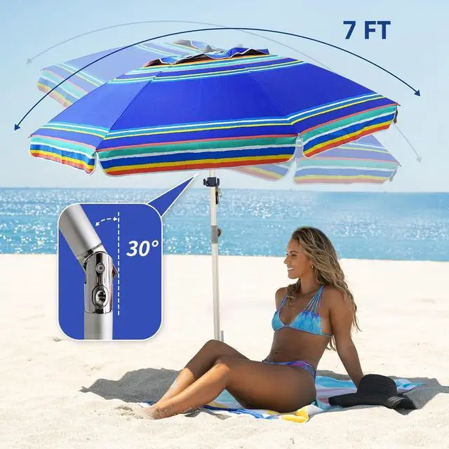 Alt view image 4 of 7 - 7ft Heavy Duty High Wind Beach Umbrella Parasols with Sand Anchor Vent Tilt UPF 50+ Sun Protection Portable Outdoor Sunshade Umbrellas Carry Bag for Patio Garden Pool Backyard Blue