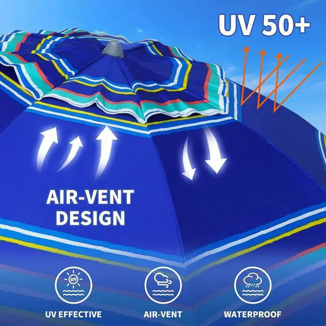Alt view image 3 of 7 - 7ft Heavy Duty High Wind Beach Umbrella Parasols with Sand Anchor Vent Tilt UPF 50+ Sun Protection Portable Outdoor Sunshade Umbrellas Carry Bag for Patio Garden Pool Backyard Blue