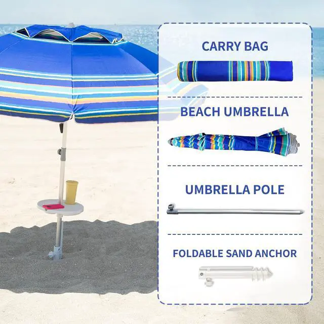 Alt view image 5 of 7 - 7ft Heavy Duty High Wind Beach Umbrella Parasols with Sand Anchor Vent Tilt UPF 50+ Sun Protection Portable Outdoor Sunshade Umbrellas Carry Bag for Patio Garden Pool Backyard Blue