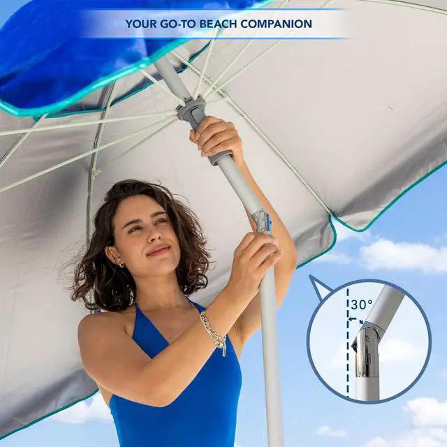 Alt view image 2 of 7 - 7ft Heavy Duty HIGH Wind Beach Umbrella with sand anchor & Tilt pole Sun Shelter, UV 50+ Protection Outdoor Sunshade Umbrella with Carry Bag for Patio Garden Beach Pool Backyard Blue