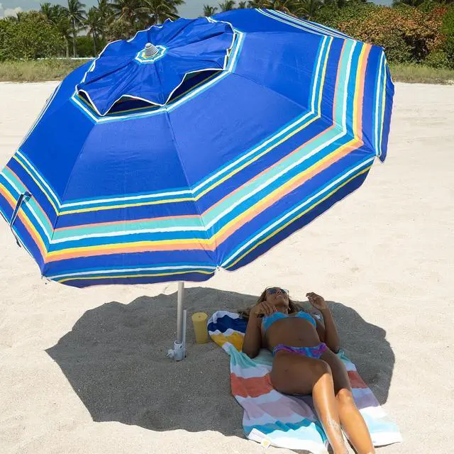 Alt view image 7 of 7 - 7ft Heavy Duty High Wind Beach Umbrella Parasols with Sand Anchor Vent Tilt UPF 50+ Sun Protection Portable Outdoor Sunshade Umbrellas Carry Bag for Patio Garden Pool Backyard Blue