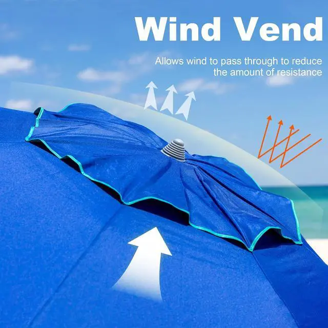 Alt view image 4 of 7 - 7ft Heavy Duty HIGH Wind Beach Umbrella with sand anchor & Tilt pole Sun Shelter, UV 50+ Protection Outdoor Sunshade Umbrella with Carry Bag for Patio Garden Beach Pool Backyard Blue
