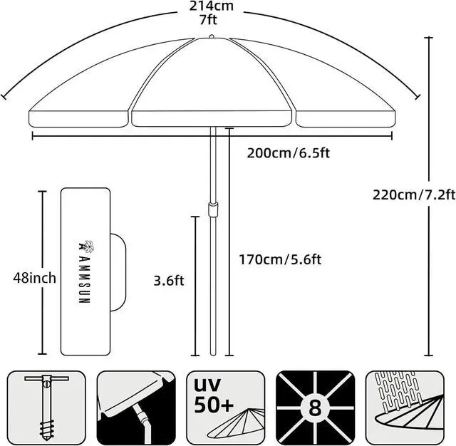 Alt view image 6 of 7 - 7ft Heavy Duty HIGH Wind Beach Umbrella with sand anchor & Tilt pole Sun Shelter, UV 50+ Protection Outdoor Sunshade Umbrella with Carry Bag for Patio Garden Beach Pool Backyard Blue