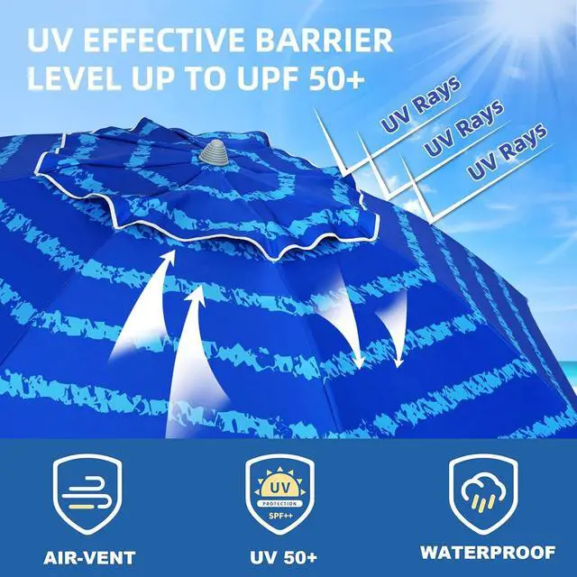 Alt view image 3 of 7 - 7 Foot Heavy Duty HIGH Wind Beach Umbrella with sand anchor Vent Tilt Portable Sun Shelter, UV 50+ Sun Protection Outdoor Sunshade Umbrellas Carry Bag for Patio Garden Pool Backyard Multicolor