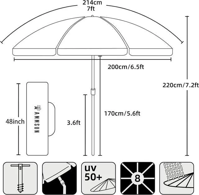 Alt view image 6 of 7 - 7 Foot Heavy Duty HIGH Wind Beach Umbrella with sand anchor Vent Tilt Portable Sun Shelter, UV 50+ Sun Protection Outdoor Sunshade Umbrellas Carry Bag for Patio Garden Pool Backyard Multicolor