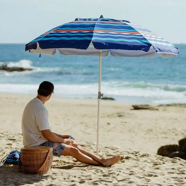 Alt view image 6 of 7 - 7ft Heavy Duty High Wind Beach Umbrella Parasols with Sand Anchor Vent Tilt UV 50+ Sun Protection Portable Outdoor Sunshade Umbrellas Carry Bag for Patio Garden Pool Backyard Blue
