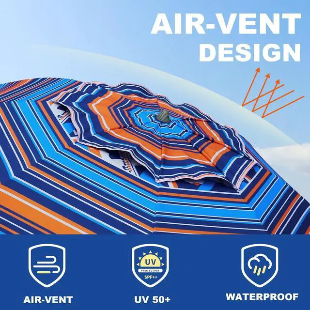Alt view image 3 of 7 - 7ft Heavy Duty High Wind Beach Umbrella Parasols with sand anchor & Tilt Sun Shelter, UPF 50+ Protection Outdoor Sunshade Umbrellas Carry Bag for Patio Garden Pool Backyard Multicolor