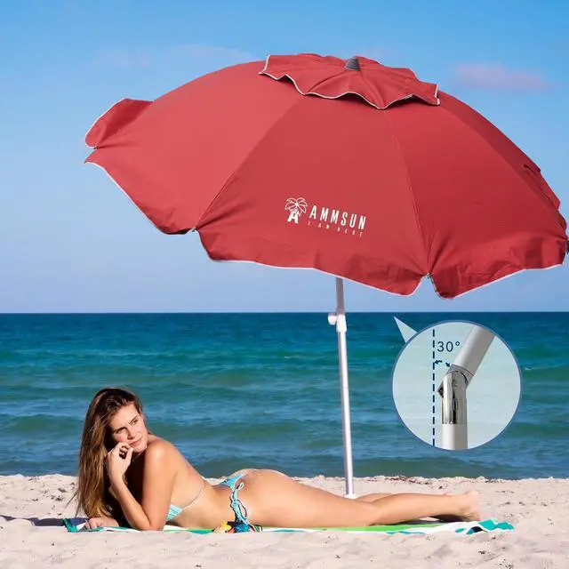 Alt view image 2 of 6 - 7ft Beach Umbrella with Sand Anchor & Tilt, UPF 50+ UV Protection, Windproof Fiberglass Ribs, Portable Lightweight Outdoor Umbrella with Carry Bag for Beach, Patio, Pool, Camping Red