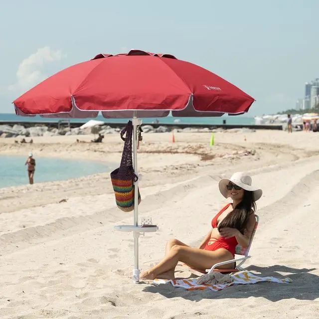 Alt view image 4 of 6 - 7ft Beach Umbrella with Sand Anchor & Tilt, UPF 50+ UV Protection, Windproof Fiberglass Ribs, Portable Lightweight Outdoor Umbrella with Carry Bag for Beach, Patio, Pool, Camping Red