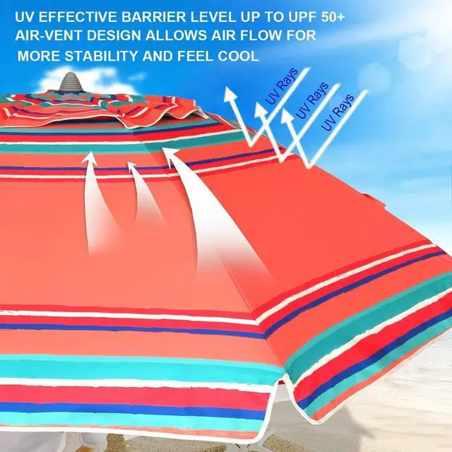 Alt view image 2 of 7 - 7ft Heavy Duty HIGH Wind Beach Umbrella with sand anchor Vent Tilt Sun Shelter, UV 50+ Protection Portable Outdoor Sunshade Umbrellas Carry Bag for Patio Garden Pool Backyard Rust Red